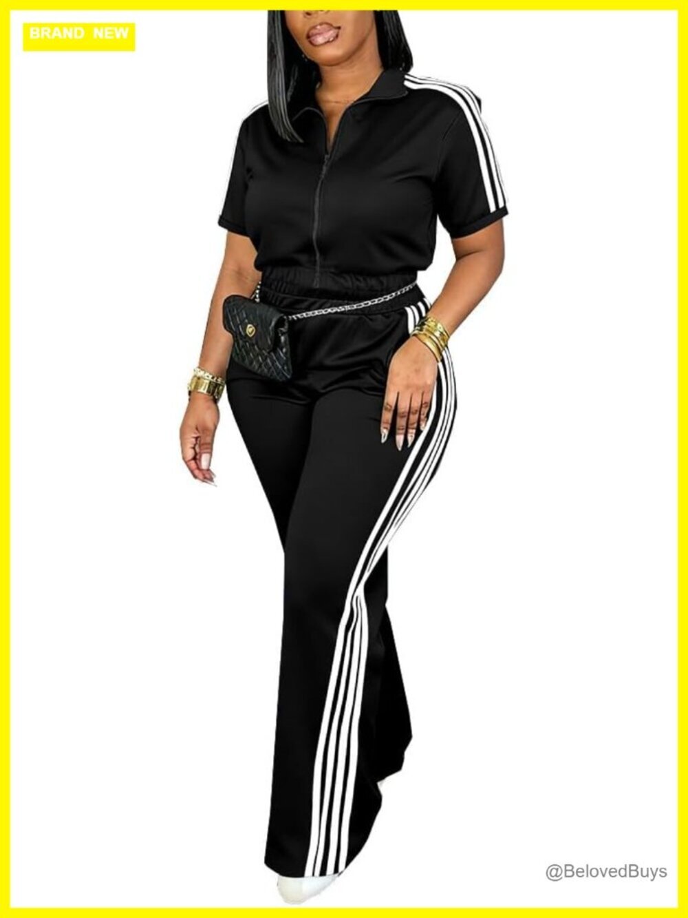 Two Piece Tracksuit Set Zip Up Polo Top Side Stripe Flare Pants Athletic Outfit